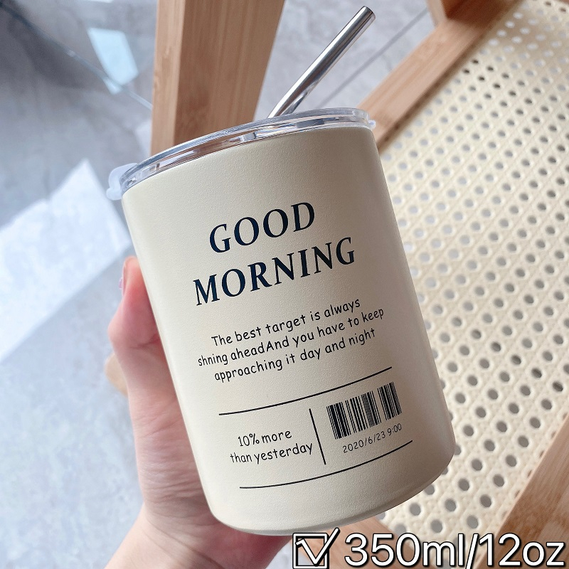 แก้วเก็บอุณหภูมิสแตนเลสสีเบจ พร้อมฝาปิดและหลอด ขนาด 350ML