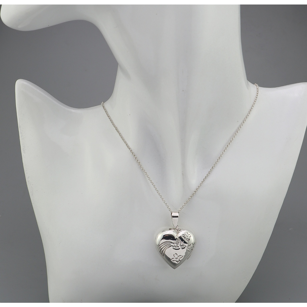 [พร้อมส่ง] (Pendant/เฉพาะจี้): 925 sterling silver pendant, heart locket, flower pattern /จี้เงินแท้