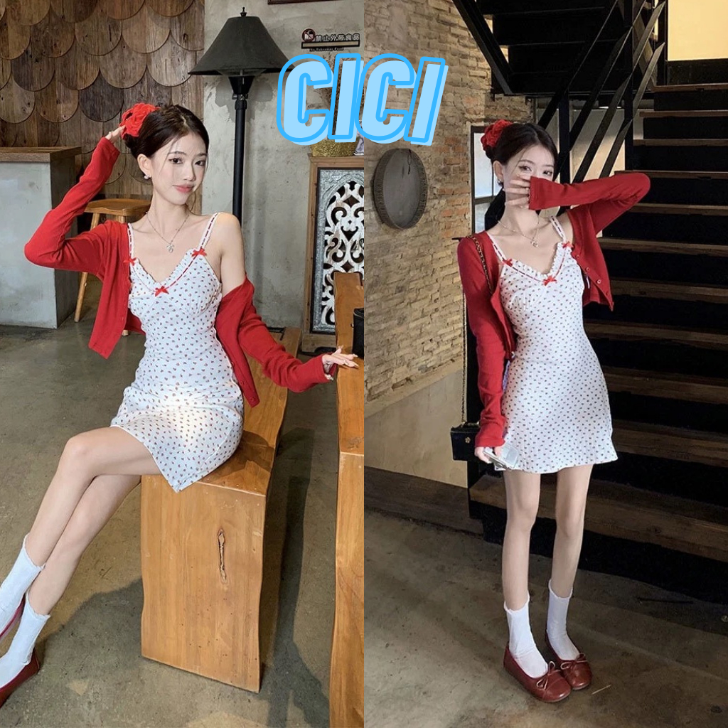ส่งทันที Cici(NO. J1091/M808)Set 2 เซ็ต 2 ชิ้น เดรสสายเดี่ยว+เสื้อคลุมแขนยาว พิมพ์ลายทั้งตัวประดับระบาย มีโบว์