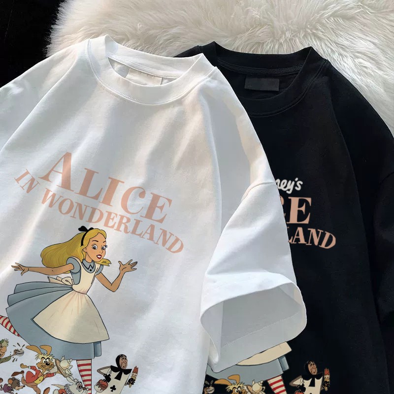 Flash sale เสื้อ Disney เจ้าหญิง Alice in Wonderland ผ้าฝ้ายยืดหยุ่นแฟชั่นสไตล์ถนนร้อยในชีวิตปร