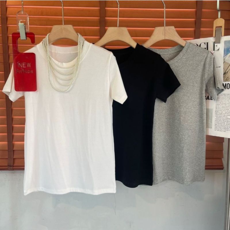 New เสื้อยืดคอกลมแขนสั้น ทรงเบสิค ผ้าคอตตอนเนื้อดี