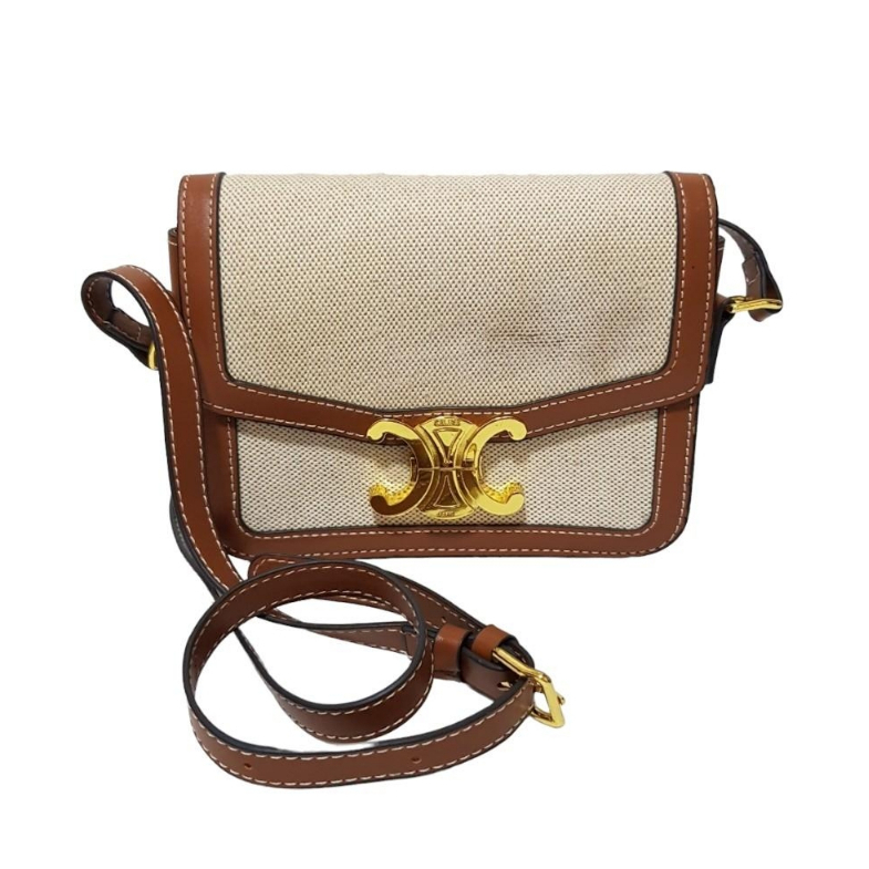 👜กระเป๋าแฟชั่น Canvas Celine Triumph Beige Light brown Shoulder Bag  small  ❤️สินค้ามือสอง