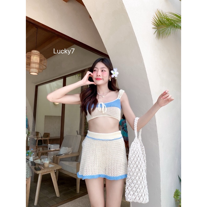 BY IRA RUBY Set พร้อมส่ง งานเซ็ทไหมพรม สายเดี่ยว+กระโปรง แต่งลายฉลุ ชุดเซ็ตไปทะเล ดีเทลแต่งโบว์สุดน่ารัก 🎀💓 รูปที่ 8