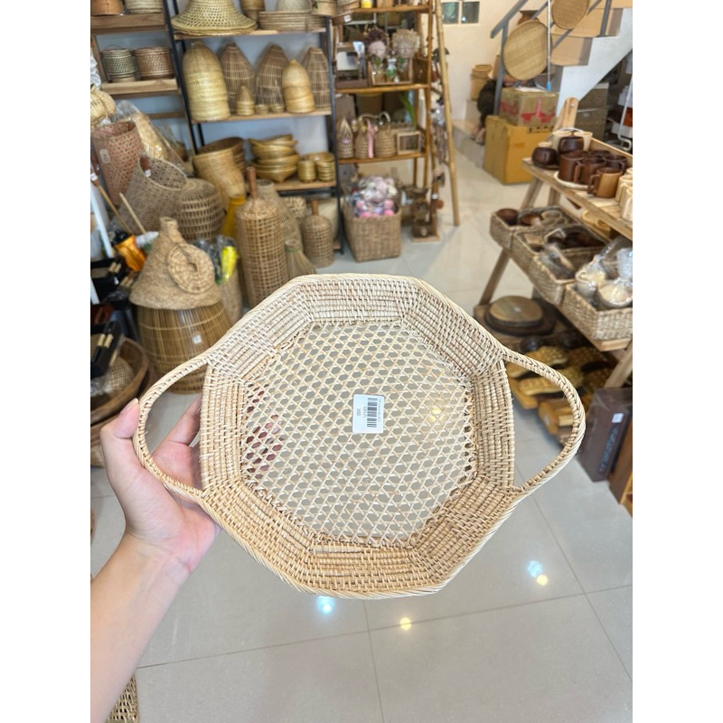 กระจาดหวายแปดเหลี่ยมมีหู (U0121) กระจาดใส่ของหวายแบบสาน ใส่ผลไม้ได้ ทรง 8 เหลี่ยม มีหูจับ พร้อมส่ง