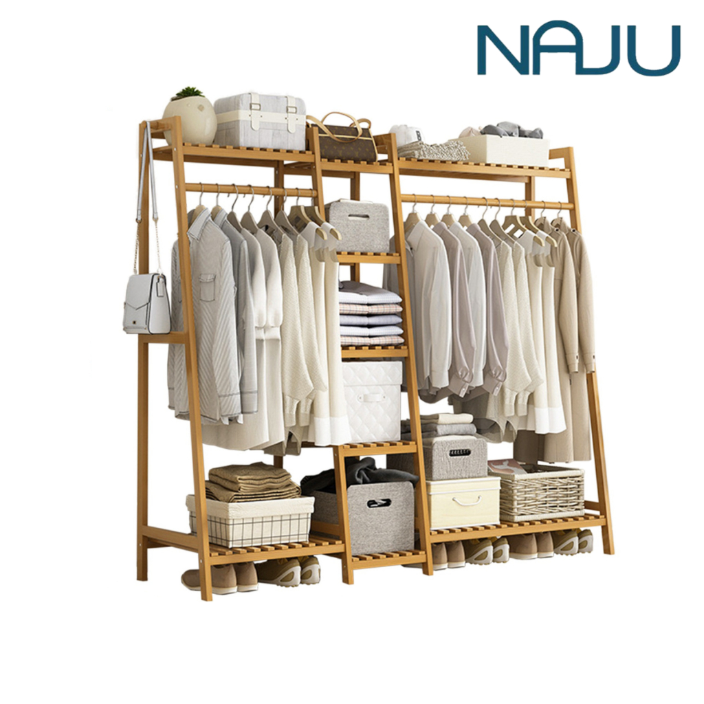Naju ราวตากผ้า ราวแขวนเสื้อผ้า 5 ชั้น 130-190 cm สำหรับเก็บเสื้อผ้า กระเป๋า ใช้ในบ้าน คอนโด วัสดุไม้ มั่นคง Clothes Rack