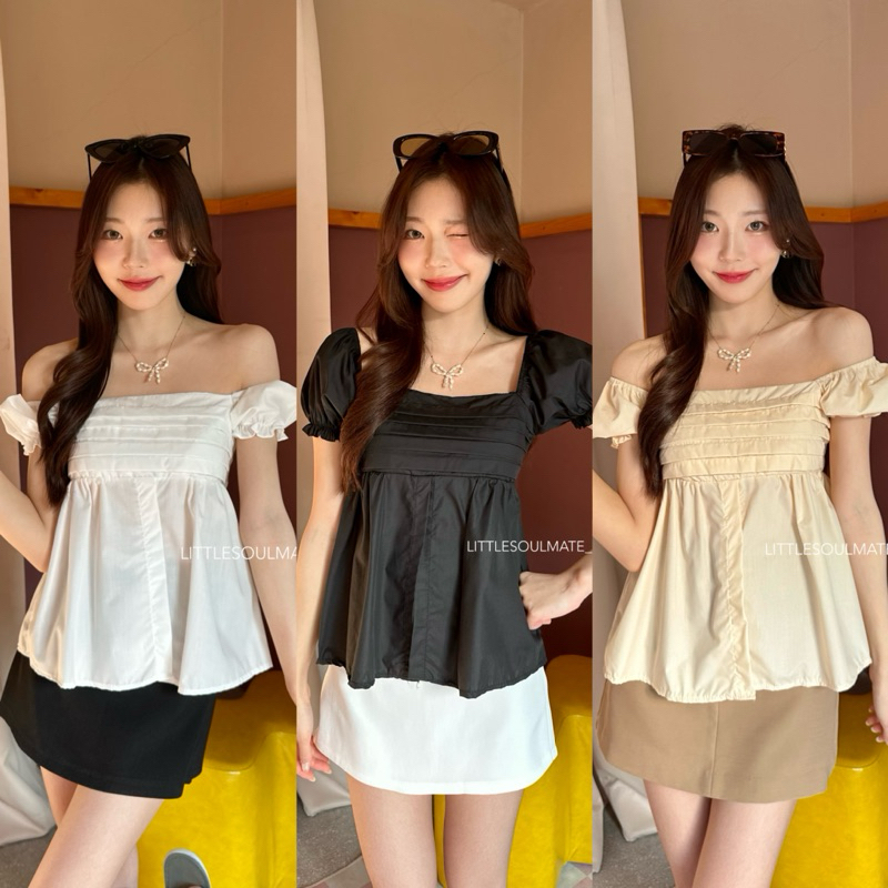 littlesoulmate เสื้อคอเหลี่ยมแขนตุ๊กตา ใส่ปาดไหล่แขนพองได้ ตีเกล็ดหน้า(moonie ged)