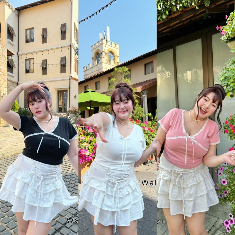 เสื้อคอกลมแต่งลูกไม้ แต่งโบว์ ผ้ายูนิโคล่ สาวอวบสาวพลัสไซซ์ น่ารักสุดๆ