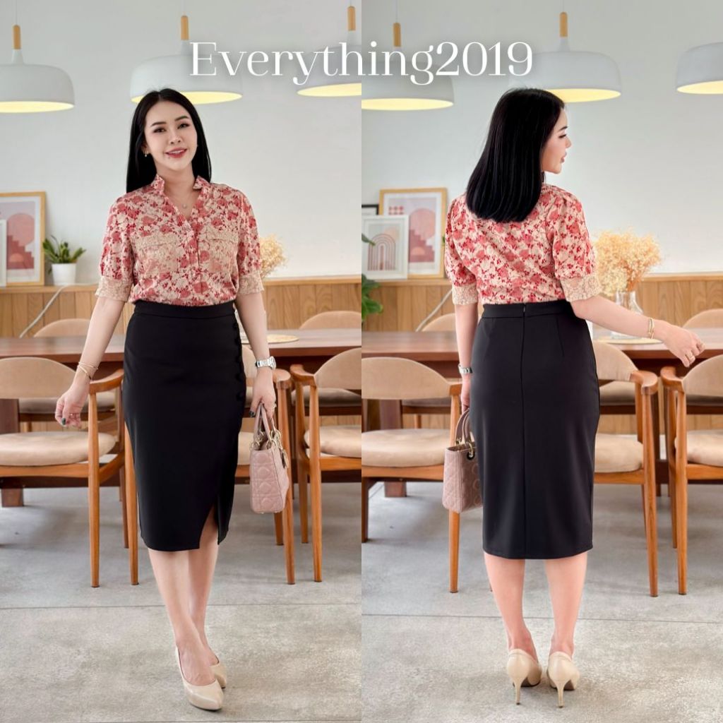 Everything2019🌻กระโปรงทำงานผู้หญิง แต่งกระดุมปั๊ม ซิปหลัง ผ่าข้าง ใส่สบาย (6334)