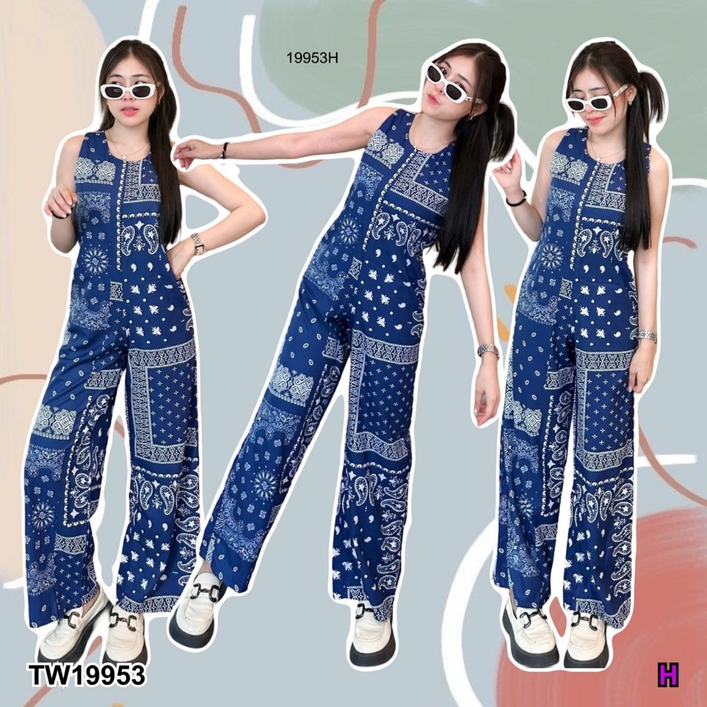 TwinsShopVip พร้อมส่ง TW19953 จั๊มสูทยาวแขนกุด ลายโบฮีเมียน