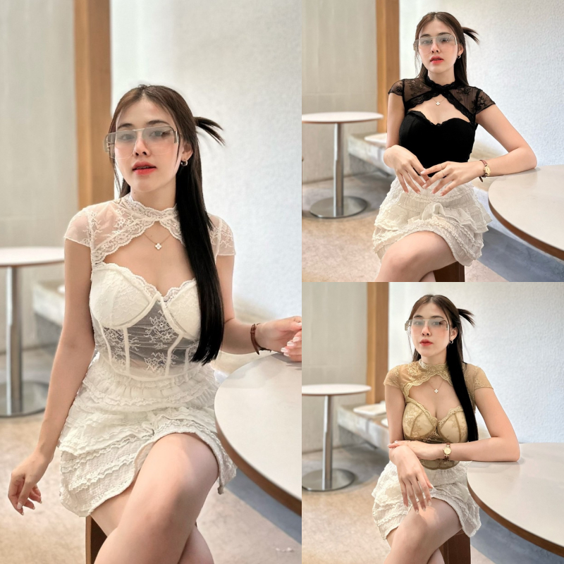 🌈SpinnyHouse🌈เสื้อลูกไม้ผ้ายืด แต่งแหวกอก 🍒 งานทรงบราสวม พร้อมส่ง  ใส่ออกงาน ถ่ายรูปคือปังมาก รุ่น โ