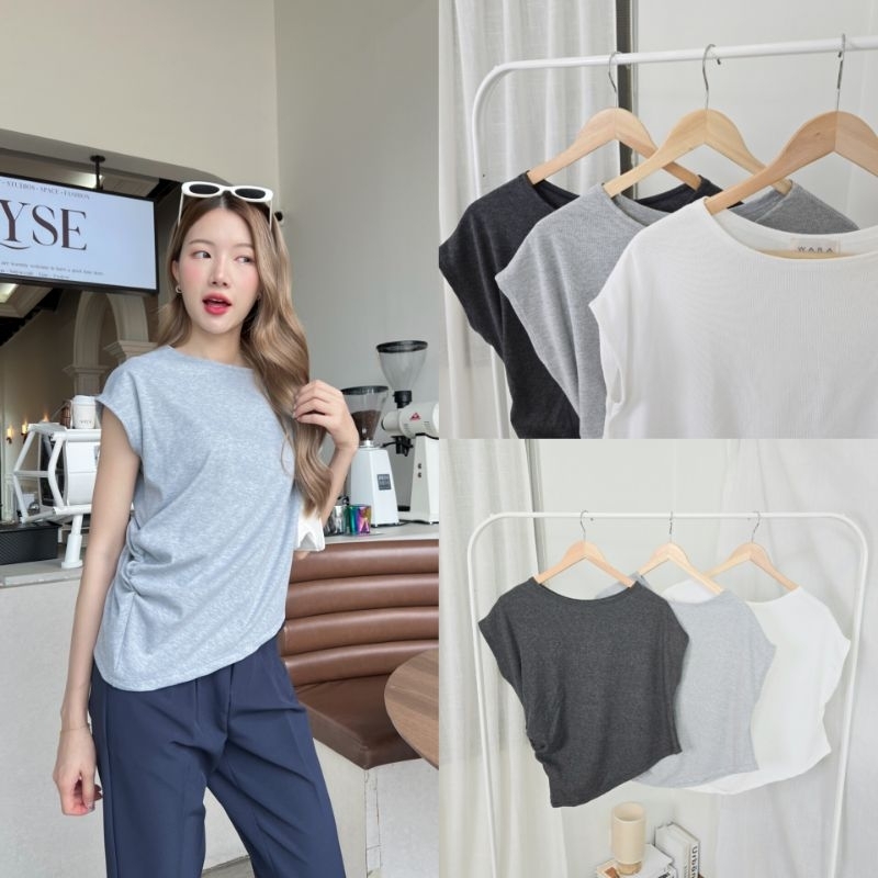 [ C36 ] เสื้อคอปาดชายเฉียง จับจีบย่น ผ้าร่อง