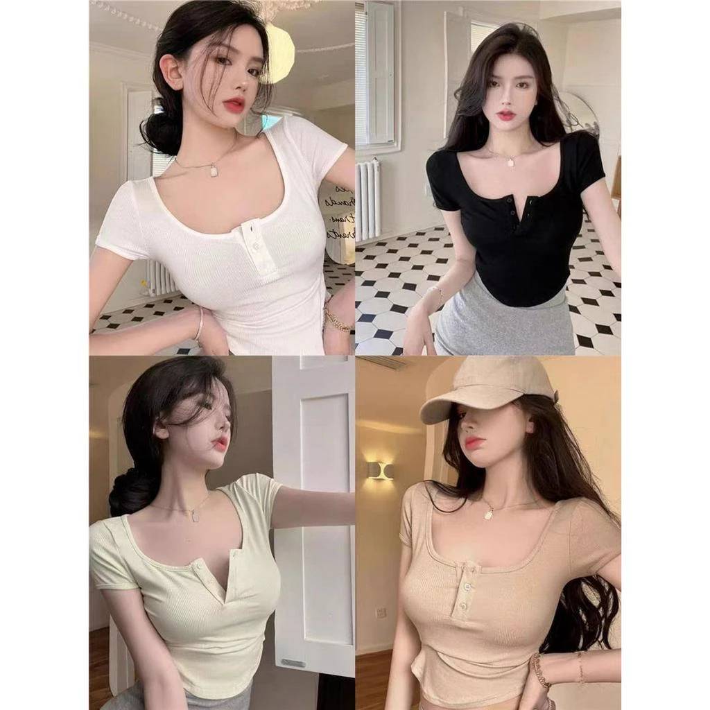 เสื้อครอปแต่งกระดุมแกะได้แขนสั้น เอวลอย (ผ้าร่อง) เสื้อครอปกระดุม เสื้อครอปสายฝอ กระดุมแกะได้ งานแฟชั่น