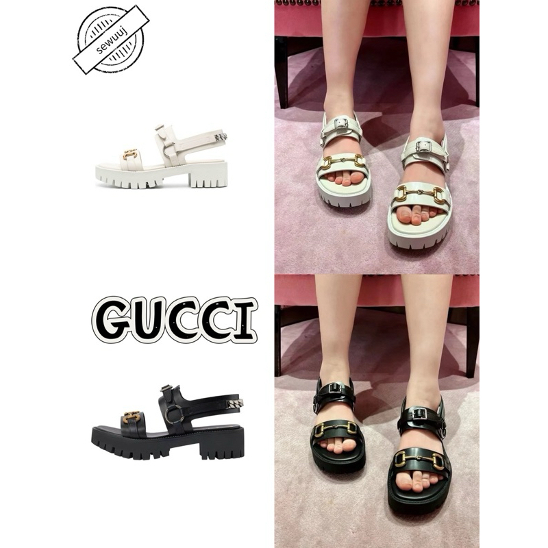 รองเท้าแตะชายหาดแบนหัวเข็มขัด GUCCI ของแท้สำหรับผู้หญิง