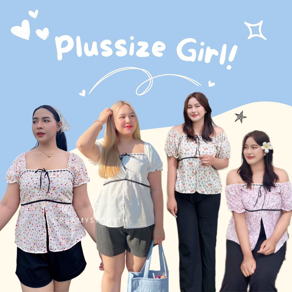 Creamystoreth เสื้อสาวอวบอ้วนแขนตุ๊กตา ผ่าหน้า ลายดอกไม้น่ารัก เสื้อplussize (C41)