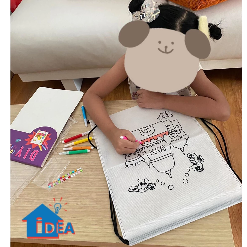 ของเล่นDIY กระเป๋าเป้ถุงรูดเด็ก ระบายสีด้วยมือลายการ์ตูน ถุงผ้าสามารถระบายสีกระเป๋าเป้สะพายหลังเด็ก กิจกรรมเด็ก thumbnail 4