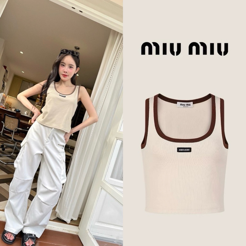 Miu tank top เสื้อกล้ามครอปแขนกุด งานติดโลโก้แบรนด์ ช่วงอก แพทเทิ้ลสวย