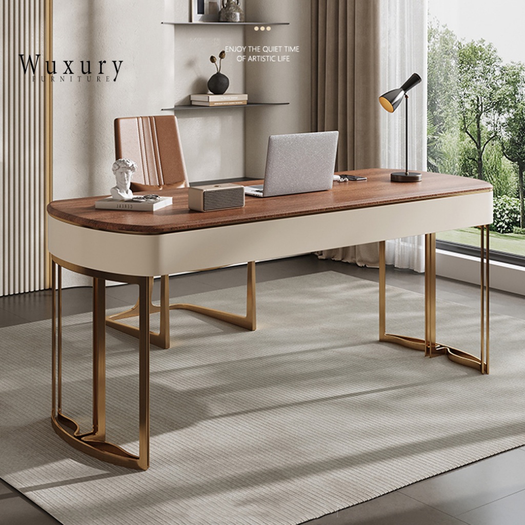 Wuxury Furniture โต๊ะทำงานTOP ไม้สน ขาสแตนเลสทอง โต๊ะผู้บริหาร โต๊ะคอมพิวเตอร์ ส่งฟรี