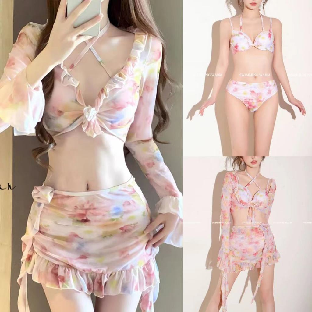 🧡Basic swimsuit💛บิกินี่4ชิ้น sexy ชุดว่ายน้ำแขนยาว ลายดอก ผ้าเนื้อดี #0231