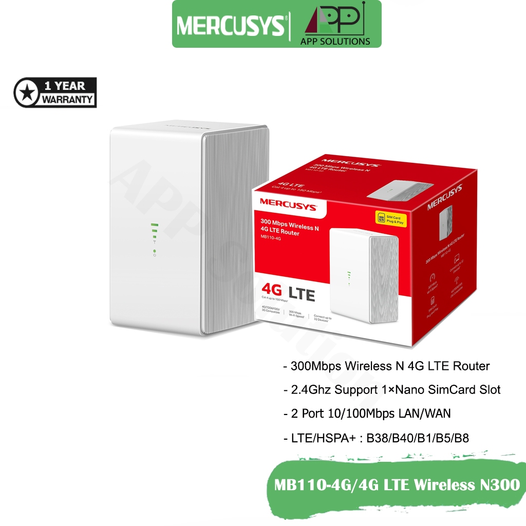 Mercusys Router 4G LTE 300Mbp รุ่นMB110-4G(เร้าเตอร์ใส่ซิม)ประกัน1ปี