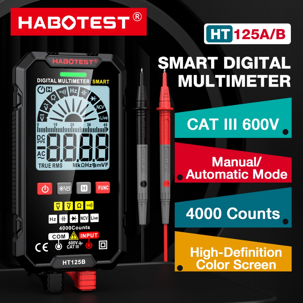 HABOTEST HT125 มัลติมิเตอร์อัจฉริยะ 600V AC/DC แรงดั โวลต์มิเตอร์ 4000 นับ True RMS NCV เครื่องวัดแรงดั