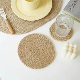 OurHome [พร้อมส่ง] แผ่นรองจานฉนวนกันความร้อนลายผ้าลินิน Flax weaving insulated placemat ที่รองแก้วทำจากผ้าลินิน