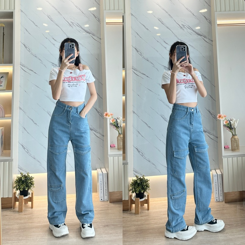 กางเกงยีนส์ทรงช่างคาร์โก้ สีฟอกฟ้า B470 ช/ญ ใส่ได้ สินค้าป้ายร้าน Chana Jeans