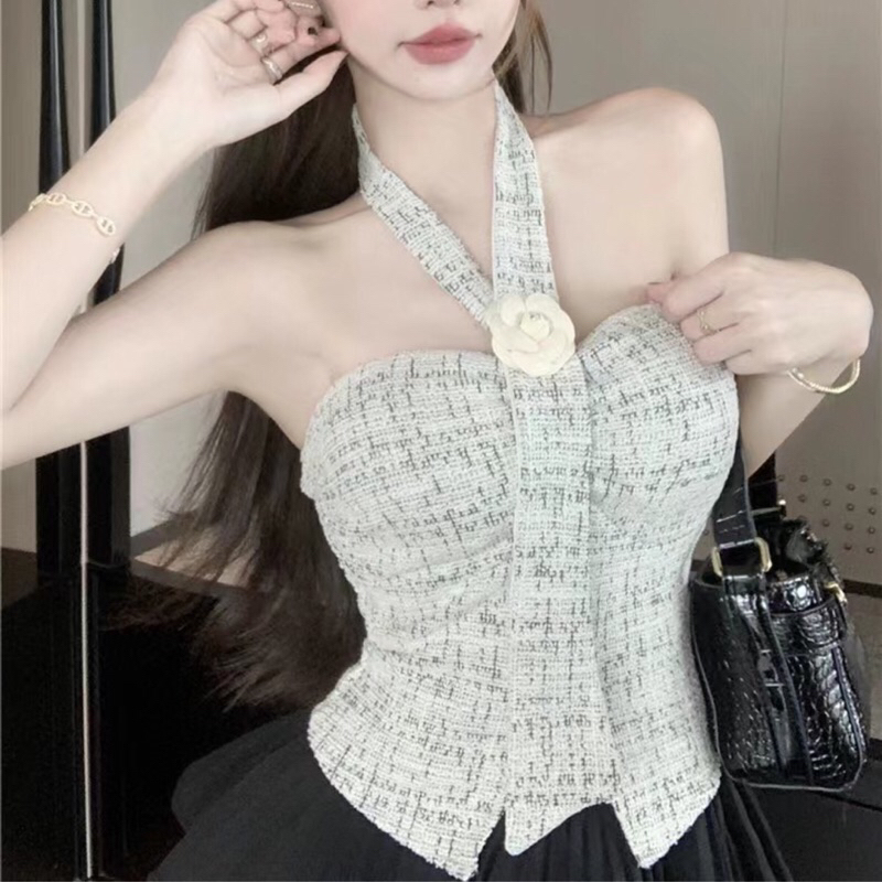 Lady_Sakura✨303-1/BO#เสื้อเกาะอกเสริมฟองน้ำ แต่งสายคล้องคอ เซ็กซี่ สม็อกหลัง