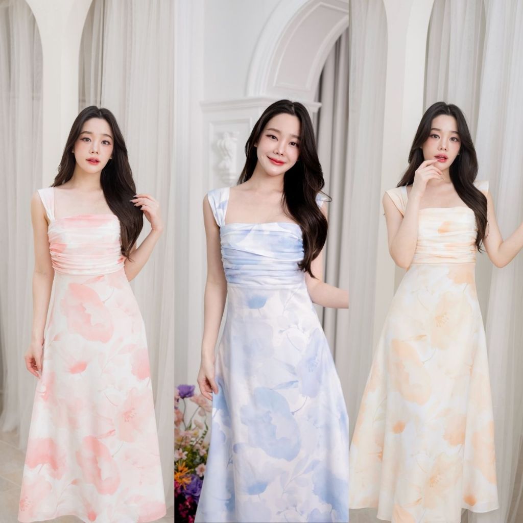 Pirunya - Long Dress 15 เดรสยาว เกาะอก แขนกุด แต่งจีบที่อก (ผ้าพิมพ์ลาย)