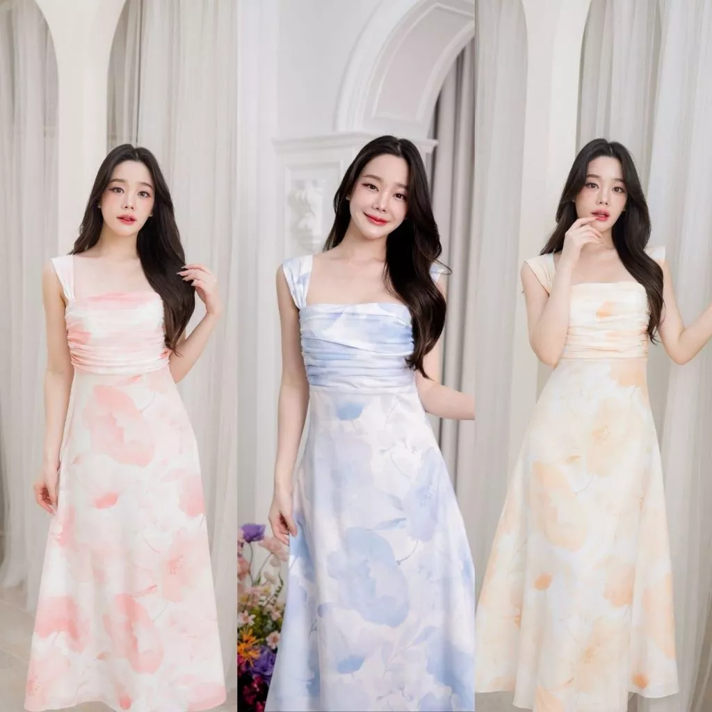Pirunya - Long Dress 15 เดรสยาว เกาะอก แขนกุด แต่งจีบที่อก (ผ้าพิมพ์ลาย)