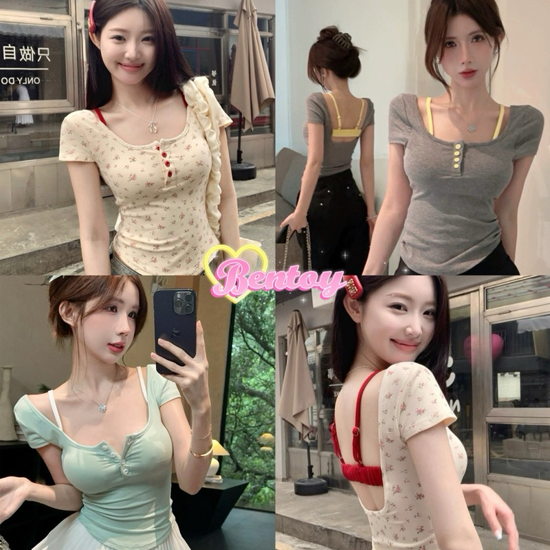 Bentoy(6622)เสื้อยืดแขนสั้น ดีเทลแต่งสองชิ้น มีฟองน้ำในตัว ว้าวหลัง ผ้านิ่มใส่สบาย