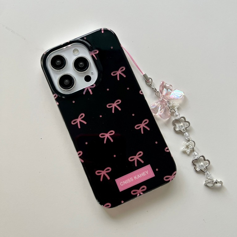 สต๊อคไทย พร้อมส่ง รุ่นใหม่ i16-16PM #เคสไอโฟน iphone 12-15Promax เคสลายโบว์พื้นดำ+พวงกุญแจ