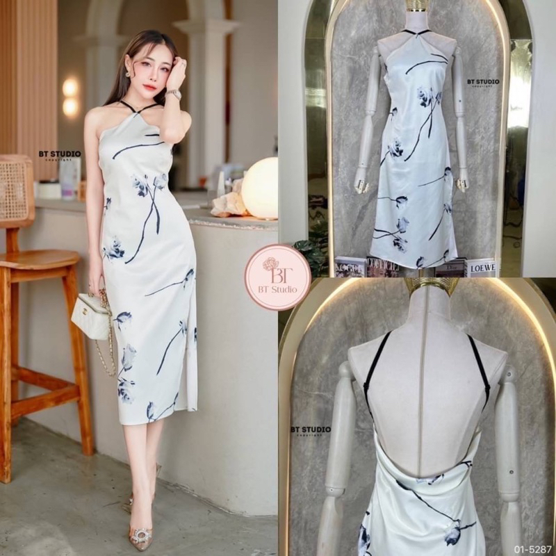 01-5287 เดรสสายพาดเว้าหลังซาตินดอกไม้