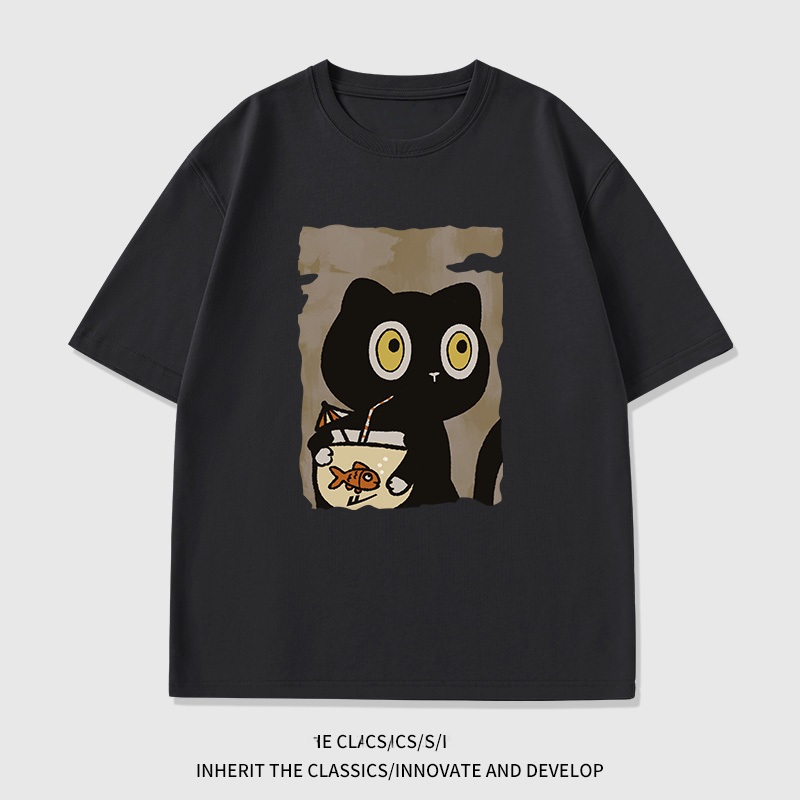 เสื้อยืดแขนสั้น✨แมวดื่ม เสื้อสกรีน✨ผ้าคอตตอน100%✨ S-3XL