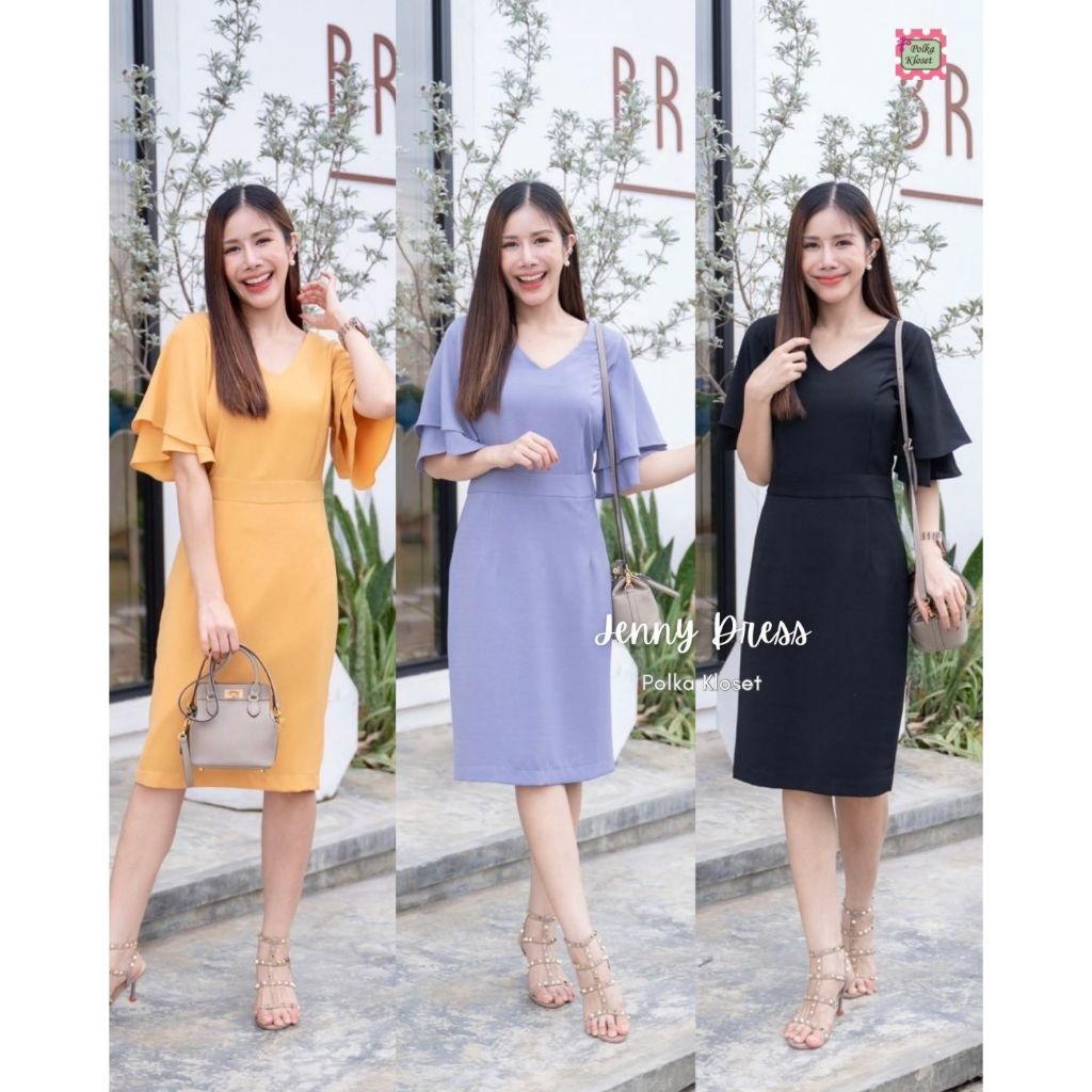 Jenny Dress เดรสคอ V ดีไซส์หรูหวาน แขนระบาย 2 ชั้นดูหญิงๆ ต่อเอวเก็บหุ่น แพทเทินสวยมากค่ะ ซับใน ผ่าหลัง