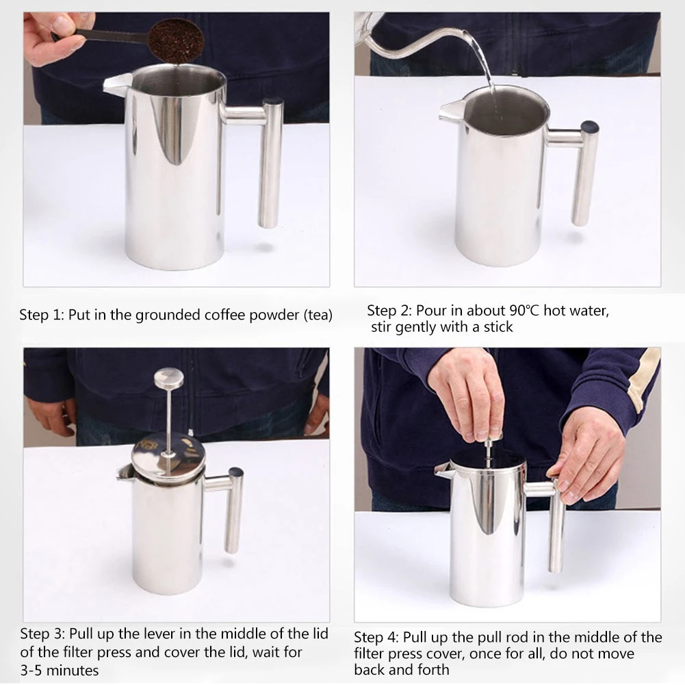【French Press】800ml 1000ml เครื่องชงกาแฟสด เครื่องชงกาแฟ Double Wall 304 Stainless Steel Coffee Maker Tea Pot thumbnail 8