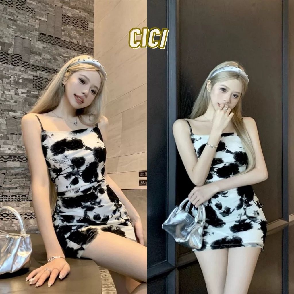 ส่งทันที Cici (NO. S3100)ชุดมินิเดรสตัวสายสามารถปรับได้ดีเทลพิมพ์ลายดอกกุหลาบสไตล์สาวฝรั่งเศส