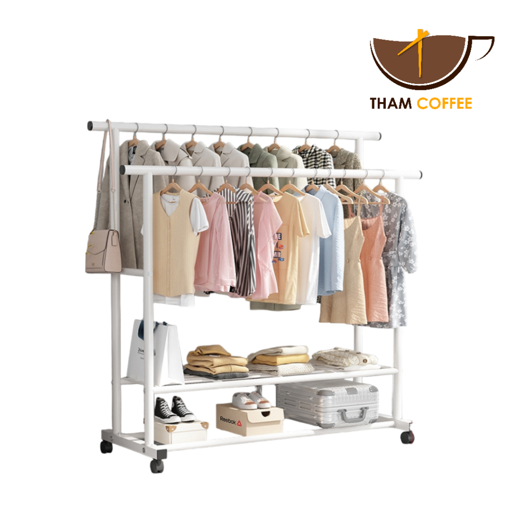 ราวตากผ้าโครเมี่ยม มีล้อ ประหยัดพื้นที่การใช้งาน ล้อหมุนได้ 360 องศา Tham coffee