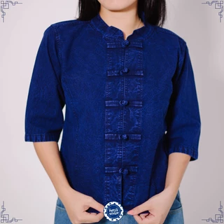 (จันทร์ดีหม้อห้อม) เสื้อหม้อห้อมคอจีนแขนศอก (เข้ารูป)