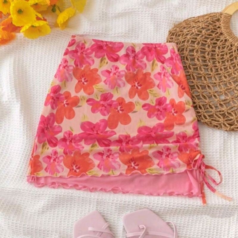 กระโปรงสั้น จับจีบ พิมพ์ลายดอกไม้ รูดข้าง ผู้หญิง มีซับใน