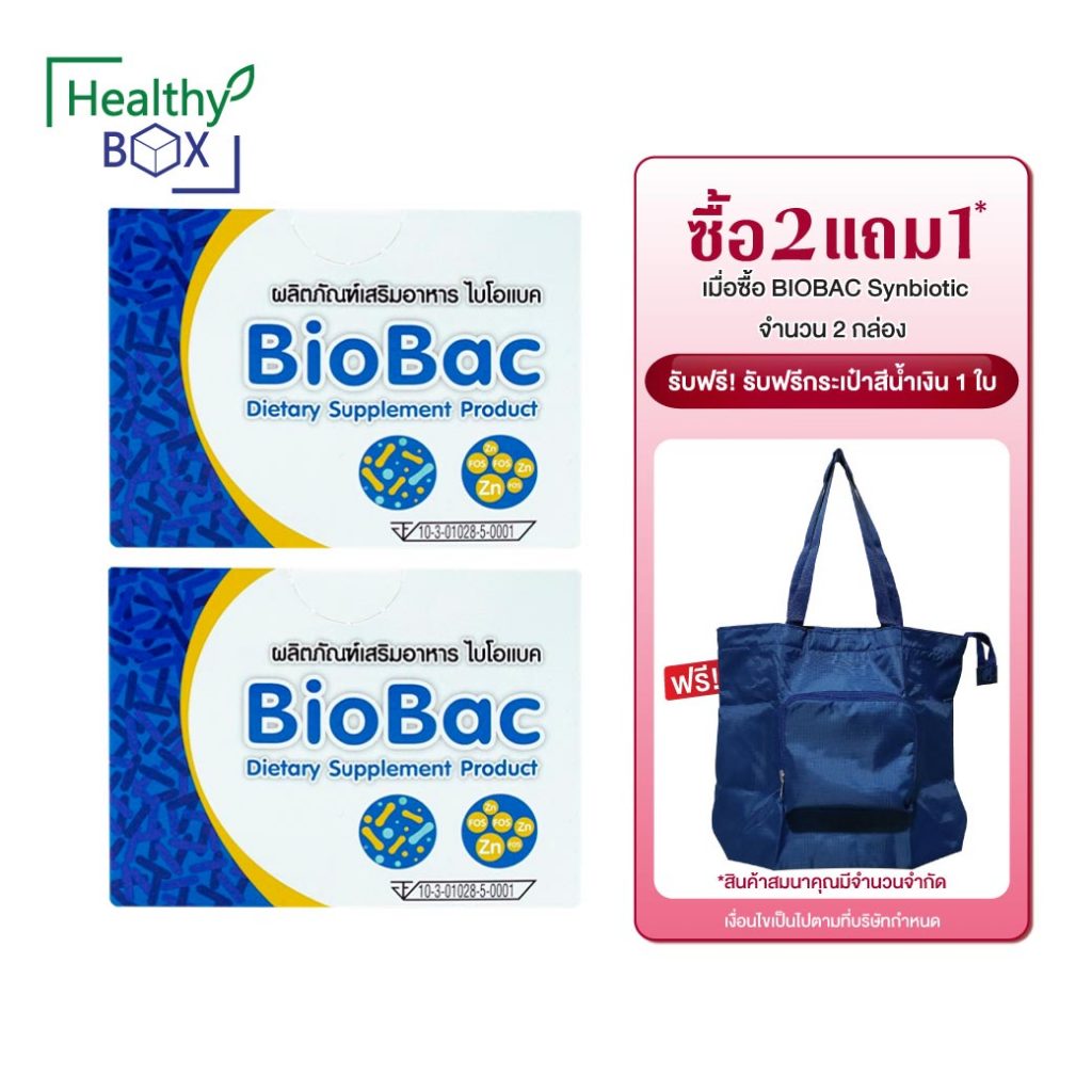 ซื้อ2 แถมฟรี! กระเป๋าสีน้ำเงิน 1ใบ BIOBAC Synbiotic ไบโอแบค 7ขวด