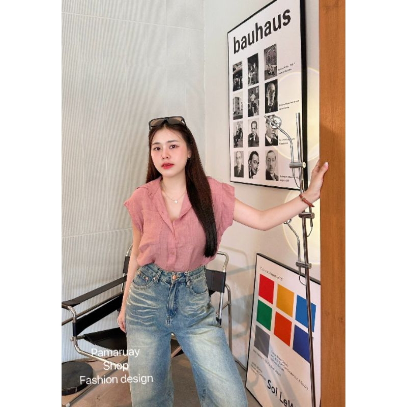 Non204 เสื้อคอปกแขนล้ำผ้าพื้นสวยๆทุกสีดีเทลใส่กระเป๋าหนึ่งข้างติดกระดุมจริงตามสีเสื้อ