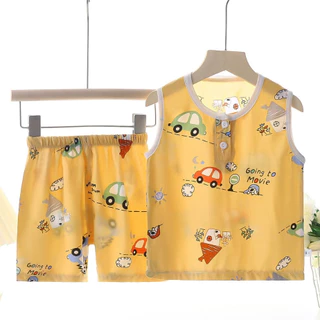 ชุดนอนเด็ก เสื้อกล้าม+กางเกงขาสั้น ลายน่ารัก เเขนกุด ใส่เย็นสบาย เนื้อผ้าดี ไซส์80-120