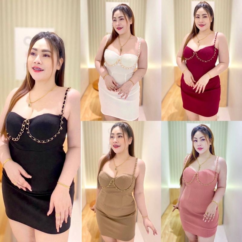Z65 เดรสสายเดี่ยวแต่งโซ่สาวอวบ อก38-44" เอว32-40" สพ.-48"