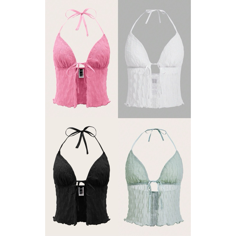 พร้อมส่ง เสื้อท็อปคล้องคอ ผูกโบว์ด้านหน้า ขอบหยัก ผ้าตาข่ายโปร่งแสง อก 36-38 นิ้ว