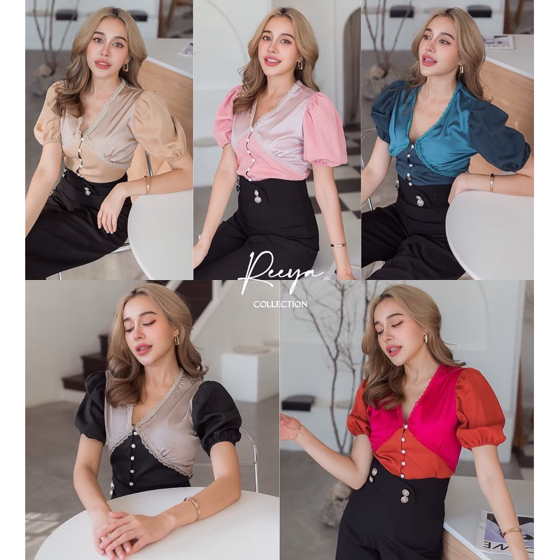[ลด 20% กรอกโค้ด INC694OD] 153 เสื้อซาตินคอวีแต่งเชิงลูกไม้ตัดสีทูโทน