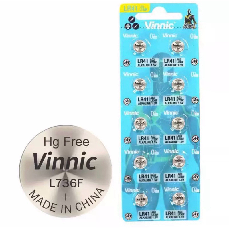 ถ่านVinnic L736F/LR41/AG3 alkaline 1.5V ของแท้(แพค10ก้อน)