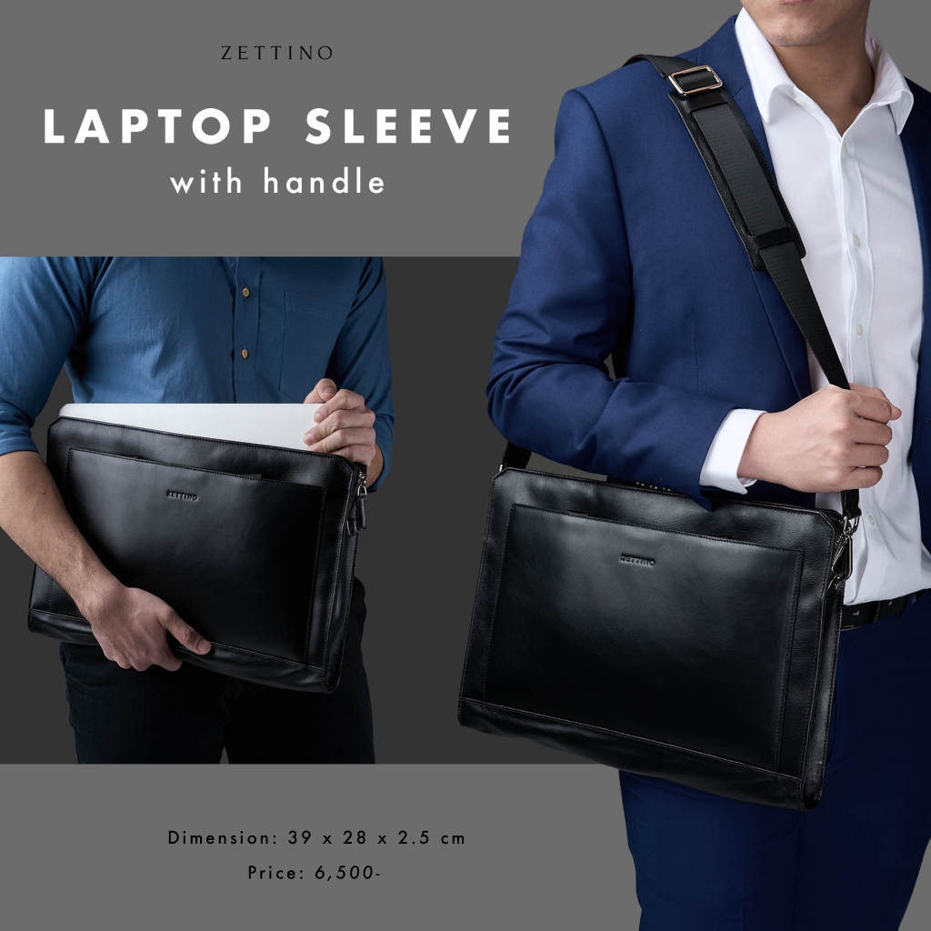 ZETTINO กระเป๋าใส่ Laptop หนังแท้ Black Shrunken Laptop Sleeve