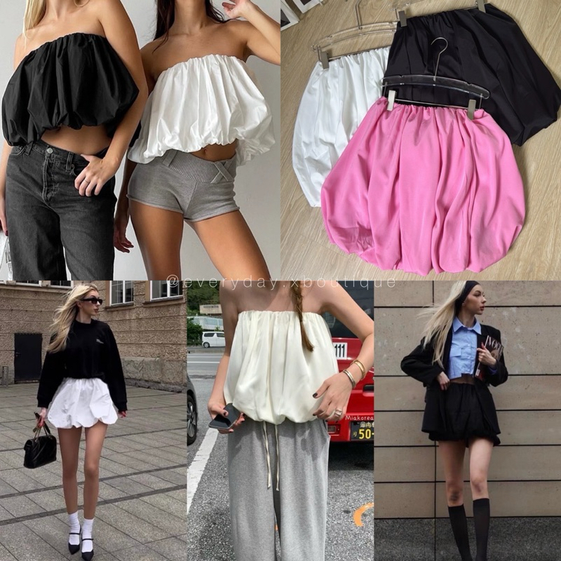 Balloon top /skirt (330฿) เสื้อเกาะอกทรงบอลลูน เย็บผ้าประกบสองชั้น รุ่นนี้จั๊มอกเเละชาย เเปลงเป็นกระโปรงได้ mo.studio