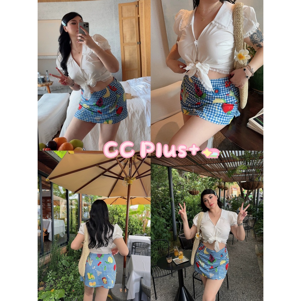CiCi Plus+(852)Fruity skirt กระโปรงทรงเอสกรีนลายผลไม้เก็บทรงสวย มีซับใน สดใสต้อนรับซัมเมอร์ สาวอวบพลัสไซส์