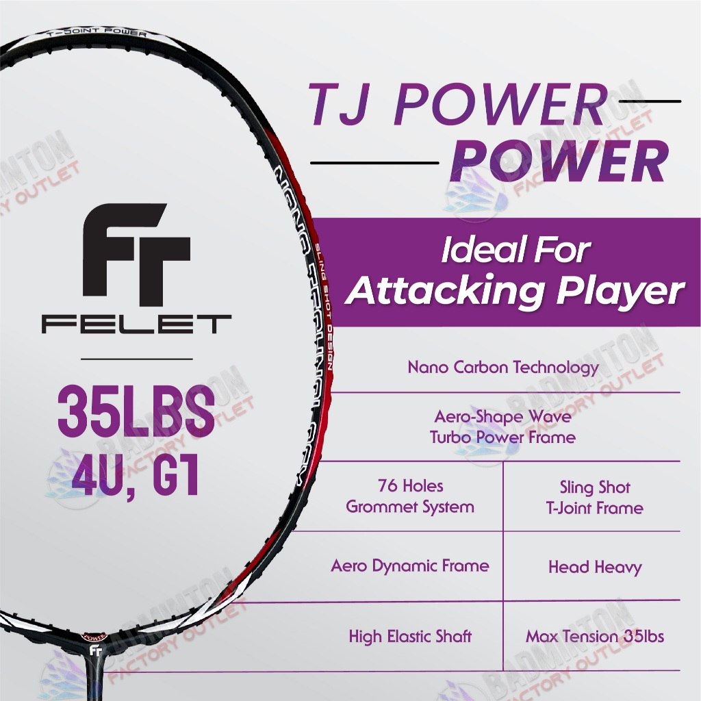 ไม้แบดมินตัน Felet ไม ้ แบดมินตัน TJ POWER-POWER (Black Red) Carbon Nano [เชือกและด้ามจับฟรี] FREE G